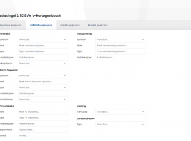 Bewerkscherm Installatie gegevens